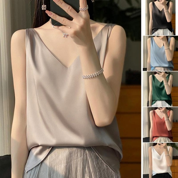 Silk Silk Shoulder camisole Women's Tank Top 2024 Summer New Slim Fit V-neck Short Style Style Layup Top T-shirt