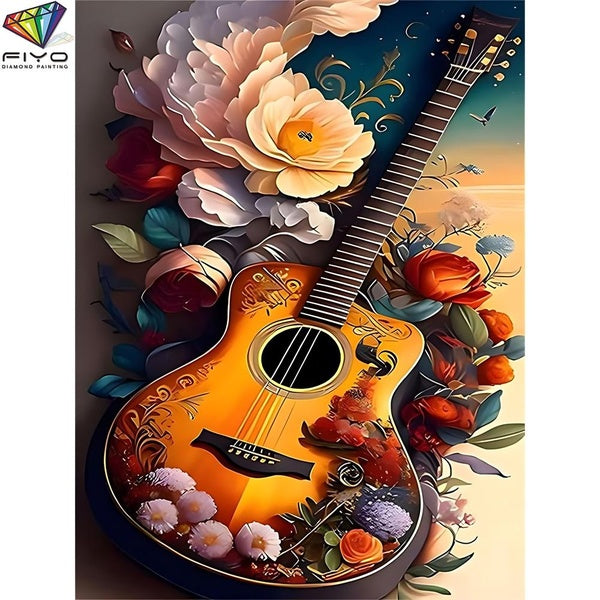 FIYO Flowers and Guitar DIY 5D Diamond Painting Full Drill with Number Kits Home and Kitchen Fashion Mosaic Diamond Painting Canvas Wall Decoration G