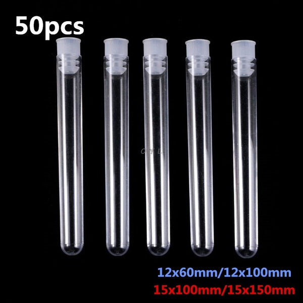 50 pièces-paquet flacons de Tubes à essai en plastique transparent de laboratoire Transparent avec bouchons poussoirs fournitures de laboratoire scol