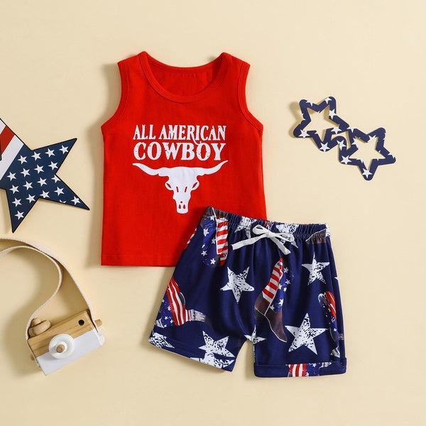 Baby Boys 2PCS Tank Tops Shorts Sets Red Letter Print Vest and Cattle Head Print Shorts Sets Summer Outfit