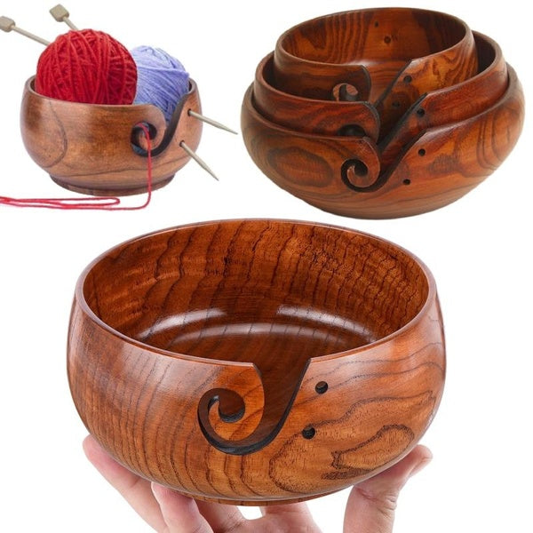 Wooden Yarn Bowl, Knitting Yarn Bowl with Holes Storage Handmade To Prevent Slipping, Perfect Yarn Holder Bowl for Crocheting and Knitting