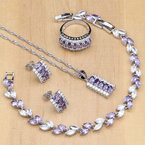 925 Silver Bridal Jewelry Sets Purple Topaz White Zircon Kits For Women Wedding Earrings-Pendant-Ring-Bracelet-Necklace Set