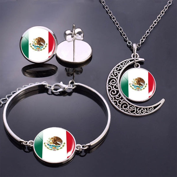 Mode Charme Mexique Drapeau Bracelet Boucles D'oreilles Croissant De Lune Collier Ensemble De Bijoux Verre Dôme Drapeau Art Bijoux Boucles D'oreilles