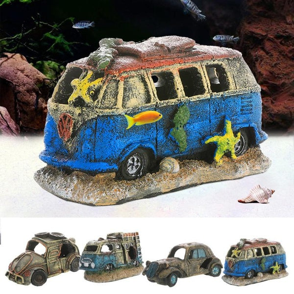 Fish Tank Decoration Aquarium Hideaway Broken Vehicle House with Cave Resin Wreck Car Ornament Landscaping Accessories