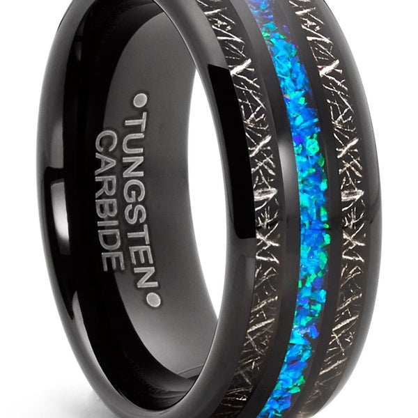 Tungsten Carbide Mens Wedding Band Blue Titanium Shaving Inlay Engagement Ring Black