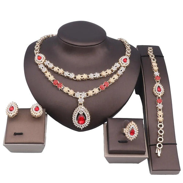 Dubai Gold Plated Zircon Crystal Jewelry Sets for Women Costume Necklace Earrings Bracelet Ring Wedding Jewellery Set