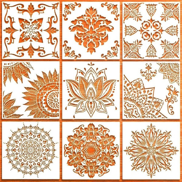 9 PCS (12x12 Inch) Large Reusable Stencil Mandala Stencil Laser Cut Painting Template for Floor Wall Tile Fabric Furniture Stencils Painting