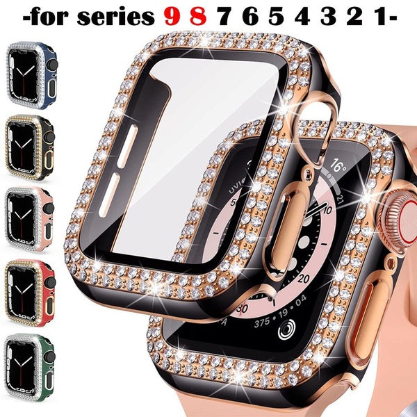 Diamond case+Glass For Apple Watch 41mm 45mm 40mm 44mm 38mm 42mm cover +Screen Protector For Apple watch series 9 8 7 6 SE 5 4 3 2 1 iWatch Accessori