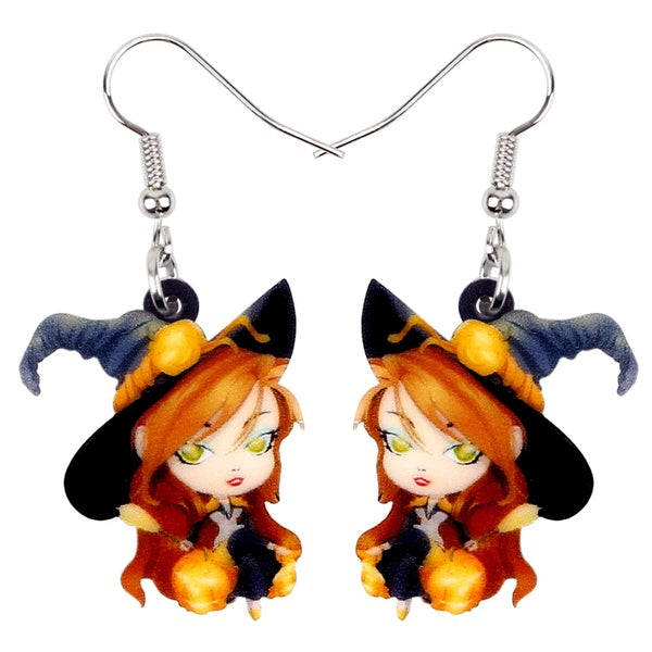 Acrylique Halloween Cartoon Magic Witch Boucles D'oreilles Big Dangle Drop Bijoux Décoration pour Femmes Filles Adolescents Charme Cadeau Accessoire