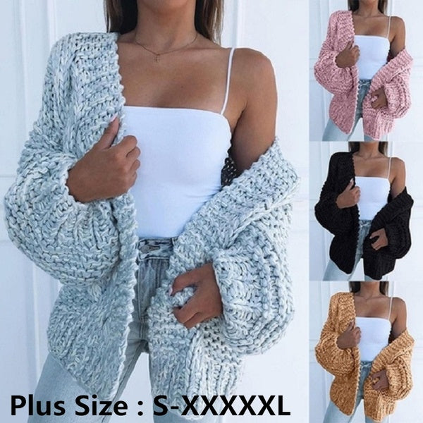 Women's Fashion Autumn and Winter Long Sleeve Knit Cardigan Solid Color Casual Sweater Warm Front Open Coat Outerwear Plus Size S-5XL