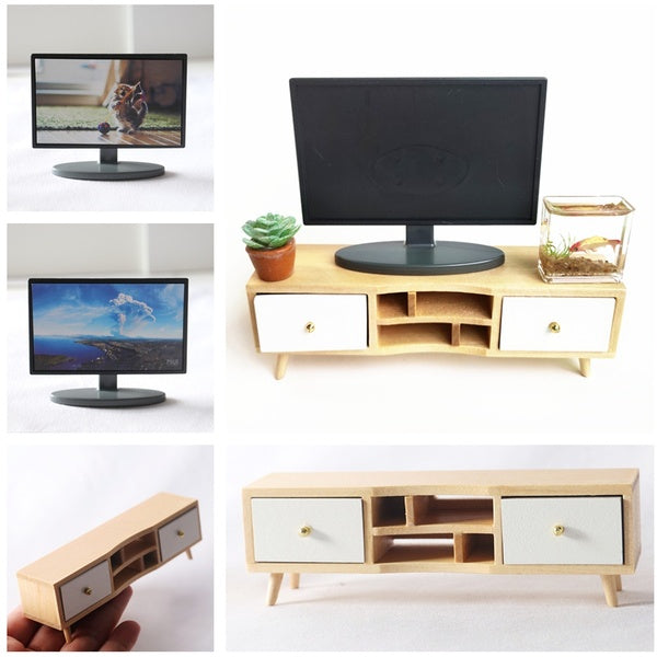 Dollhouse Mini Wooden TV Cabinet Living Room Double Drawer Display Cabinet Doll House Furniture Miniatures Model