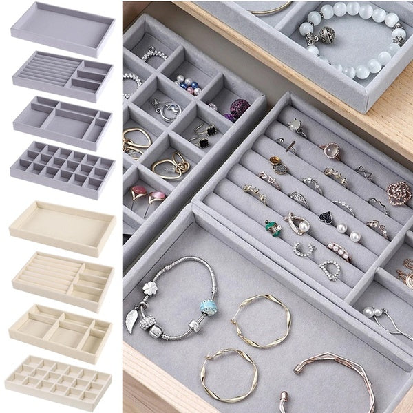 1PC Velvet Jewelry Display Tray Case,Stackable Exquisite Jewellery Holder,Portable Ring Earrings Necklace Organizer Box Grey-Beige