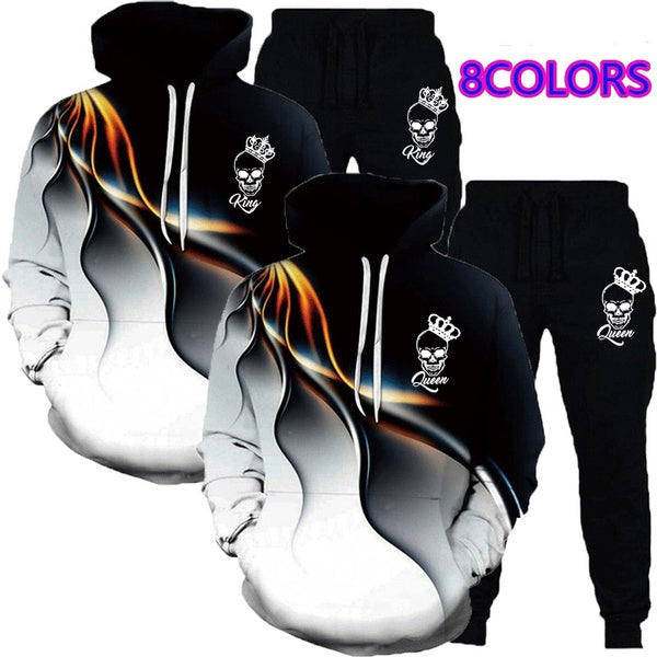 Autumn and Winter Couple Hoodie Sweatshirt Suits King and Queen-skull 3D Sweatshirt 2 Pcs Suits