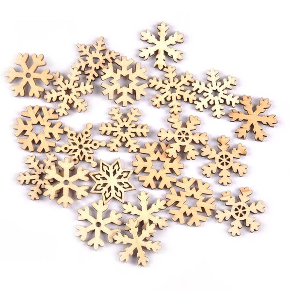 50pcs 24mm Natural Wood Craft Mix Christmas Snowflake Pattern Scrapbooking Wooden Decor For Home Handmade DIY Accessories MT1873