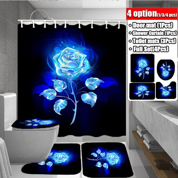 Bathroom Set 3D Printing Black & Blue Rose Waterproof Bathroom Shower Curtain Toilet Cover Mat Non-Slip Floor Mat Rugs Set(Quantity: 1-3-4 Pcs)