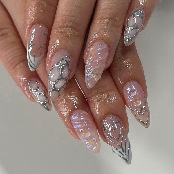 3D Water Wave Pattern Fake Nails Patch Coll Sliver Line Design Almond False Nails Full Finished y2k Girl Artificial Nail Patch