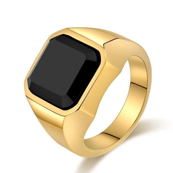 Minimalist Simple Style High Polish Stainless Steel Geometric Square Signet Ring Inlay Charm Black Onyx - Agate Men Fashion Minimalism Style Plain Ge