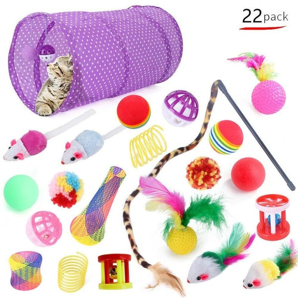 22Pcs Cat Toys Set with Bell Balls, Tunnel, Teaser Mice Feather Interactive Fun Toy