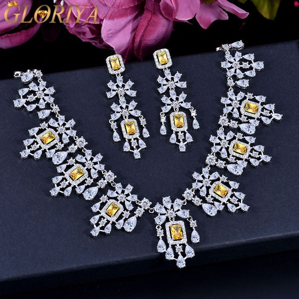 Gloriya Brilliant Baguette Cut Yellow Crystal Costume Jewelry Set Dress Accessories for Prom Women Platinum Plated Long Water Drop CZ Tassel Choker N