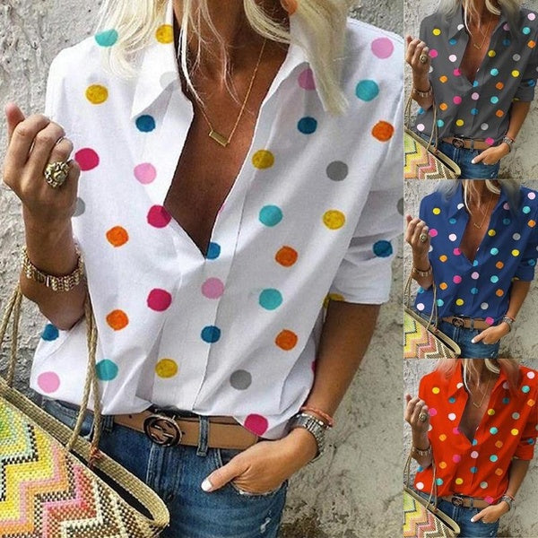 Women's Polka Dot Pattern Shirts Fashion Casual Long Sleeve Blouses Summer Loose T-shirts for Ladies