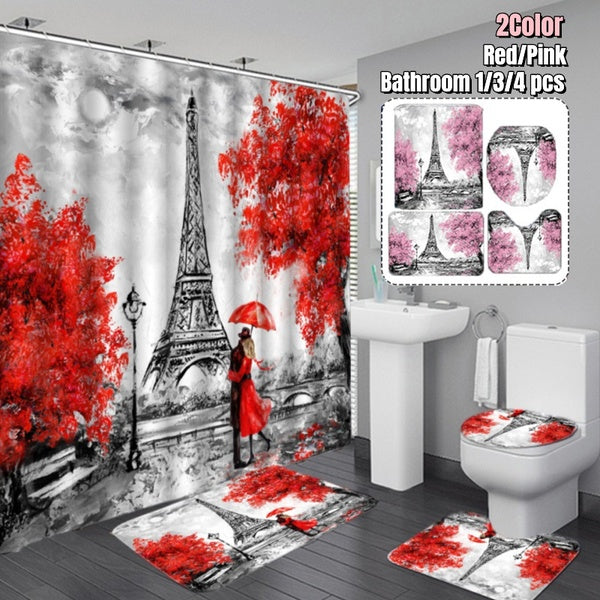 1-3-4 Pieces Cartoon Shower Curtains Sets Shower Curtain Kits Bathroom Set Paris Tower Romantic 3D Print Christmas Gift Bathroom Sets Toilet Cover Ma