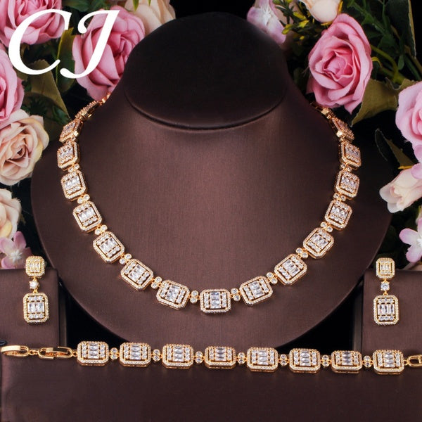 CANDICE Noble Wedding Banquet Jewelry Set Dubai Gold Color Baguette Cubic Zirconia Hollow Earrings Choker Necklace and Bracelet
