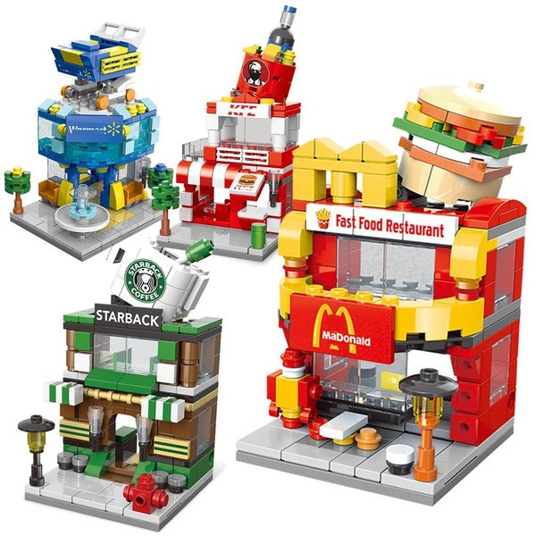 City Street Shop Cars Building Blocks Creative Toys Compatible Mini Classic Bricks Ice Cream Fast Food Store Children Kids Gifts