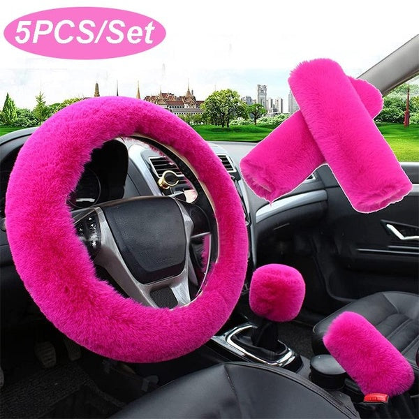 5Pcs-Set Faux Plush Steering Wheel Cover Soft Fluffy Handbrake Cover & Gear Shift Cover & Seat Belt Shoulder Pads Warm Universal