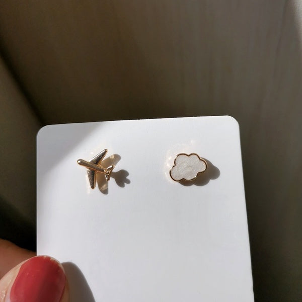 Personalized Airplane Cloud Earrings, Asymmetrical White Cloud Glitter Earrings, S925 Silver Needle Hypoallergenic Earrings