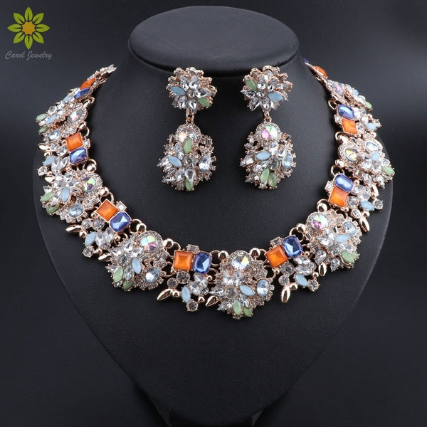 Vintage Glass Crystal Chunky Choker Statement Bib Necklace Earrings Jewelry Set Women Party Accessories Female Gift