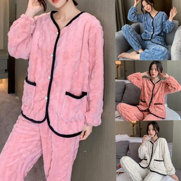 velvet pajamas Autumn and winter women's long sleeve suit thickened flannel cardigan household clothes XS-5XL