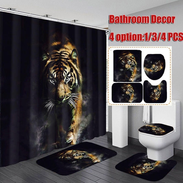 Cool Wildlife Animal Nature Decor Tiger Bathroom Decor Polyester Fabric Black Shower Curtain Plastic Shower Hooks Include+ Floor Mat Bath Rug Toilet