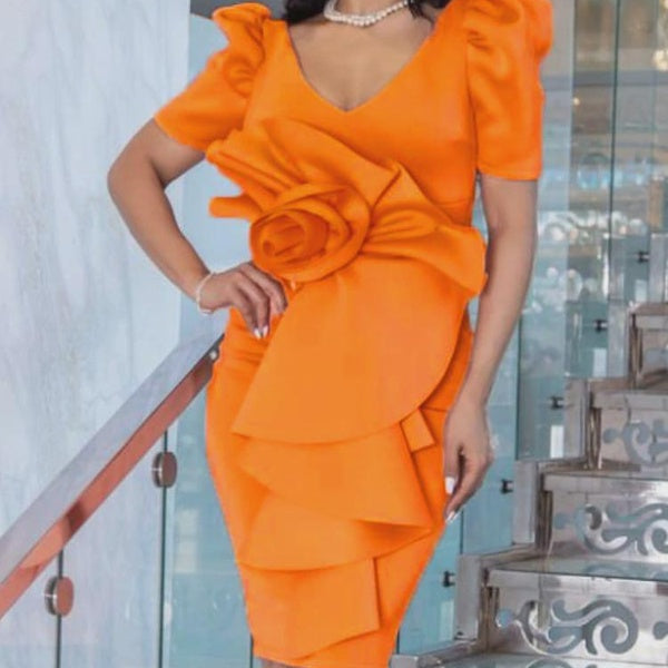 Women Party Dress Pink Short Sleeves Big Flower Ruffles Package Hip African Event Prom Occasion Home Coming Gowns Large Size New