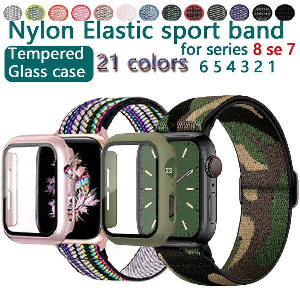 Tempered Glass case Strap for Apple Watch Band 8 7 6 SE 45 mm 41mm 44mm 40mm 42mm 38mm Screen protector Nylon Elastic sport Bracelet for iWatch serie