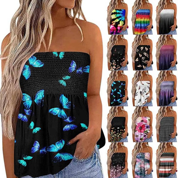 Bustier Bandeau Débardeur Femmes Élastique Débardeur Décontracté Sans Manches Rayé Dégradé Tube Tops Lâche Hors Épaule Multicolore Été Vacances Blous