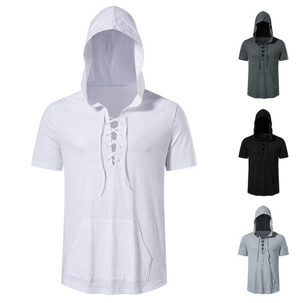 Men's Cotton Hooded Short Sleeve Shirt V-Neck Drawstring Hoodies Pullover T-Shirts Lightweight Hippie Yoga Tee Tops