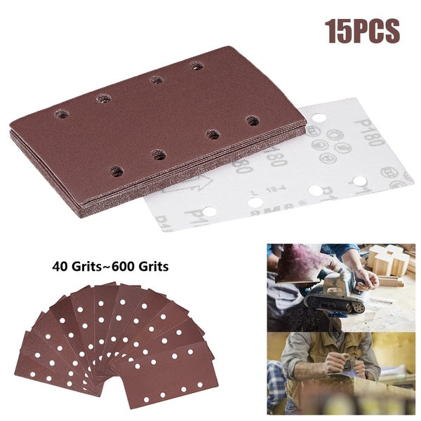 15 pièces feuille de ponçage à crochets et boucles à 8 trous 7,3 po x 3,6 po papier de verre à l'oxyde d'aluminium sec humide pour ponceuse, 40 grain