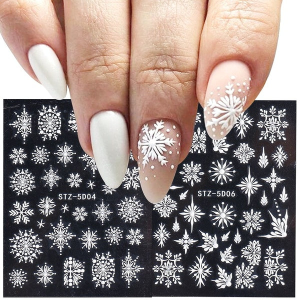 New Year 5D Nail Stickers White Snow Flowers Embossed Decals Slider Christmas Manicure Nail Art Design Accesorios NFSTZ5D01-08