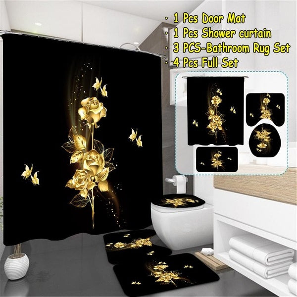 3D Gold Rose Flowers Bathroom Shower Curtain Decor Waterproof Shower Curtain+ Non Slip Bathroom Pedestal Rug + Toilet Lid Cover + Non-Slip U Shape Ma