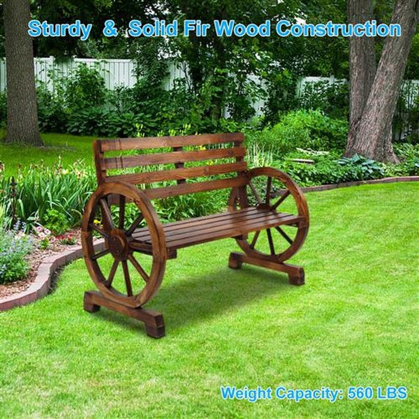 2-Person Patio Garden Wooden Wagon Wheel Bench Rustic Wood Design Outdoor Furniture