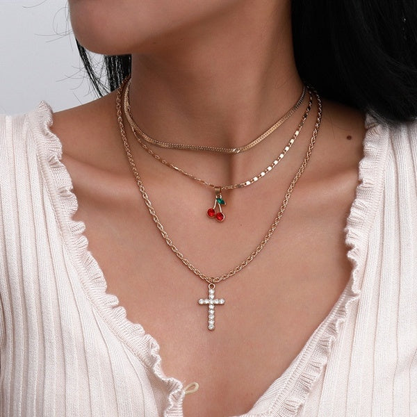 Mode cristal cerise croix pendentif collier pour femmes déclaration serpent chaîne collier ras du cou charme bijoux cadeaux