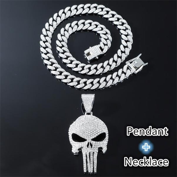 Hip Hop Skull Pendant Necklace 13mm with Cuban Chain Crystal Iced Out Bling Hip Hop Jewelry Necklaces Street Dance Accessories Fashion Creative Gifts Matron Inn