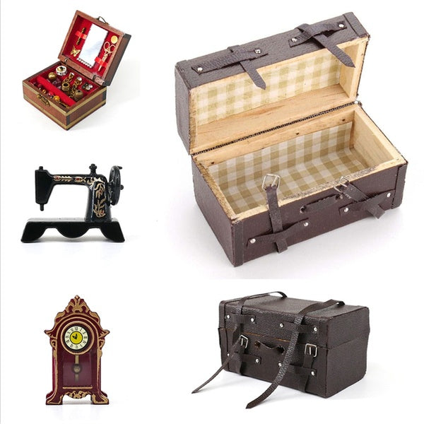 1: 12 Dollhouse Handicraft Model Vintage Suitcase-Jewelry Box Retro Telephone Mini Desk Clock Doll House Accessories