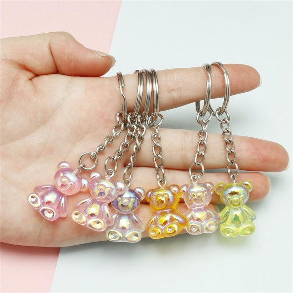12Pcs Resin AB Colour Bear Keychain Flatback Glitter Cartoon Animal Car Handbag Keyring