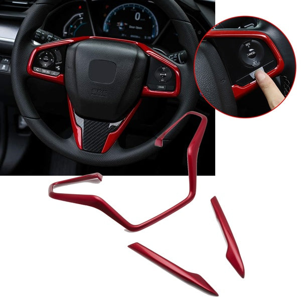 3pcs Luxury Red Car Styling Inner Steering Wheel Panel Frame Cover Trims Decals ABS Sticker For Honda Civic 10th Gen 2016-2021 CRV 2017-2022