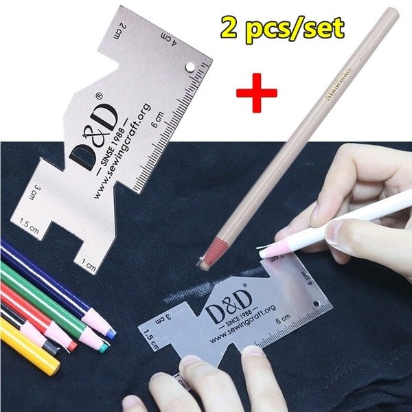 2 Pcs Metal Sewing Measure Ruler Gauge Sewing Chalk Fabric Marker Tailor Chalk Pencil Craft Sewing Accessories