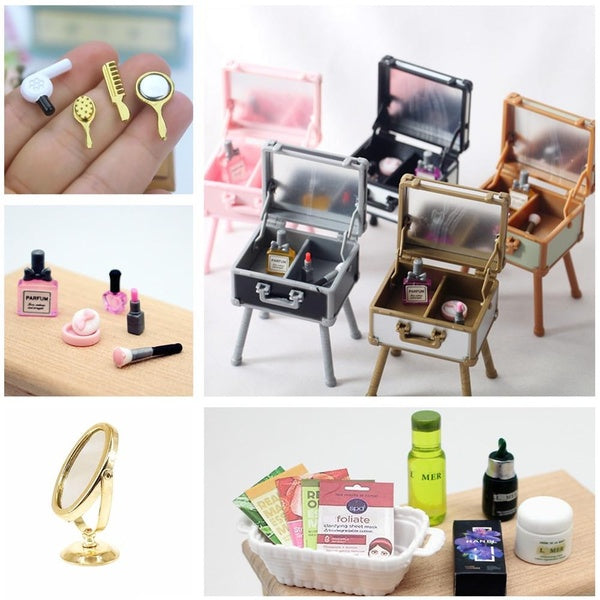 Dollhouse Mini Makeup Tools-Cosmetic Box-Skincare-Perfume-Hair Dryer Mini Mirror 1:12 Scale Miniatures Collection Kids Toy