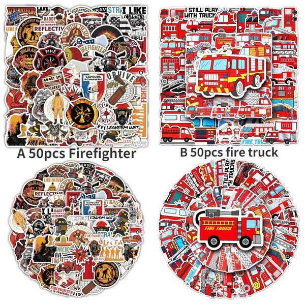 2 Style 10-50Pcs Firefighter Stickers Fire Truck Firemen Fire Hero Graffiti Stickers for DIY Luggage Laptop Skateboard Motorcycle Bicycle Sticker