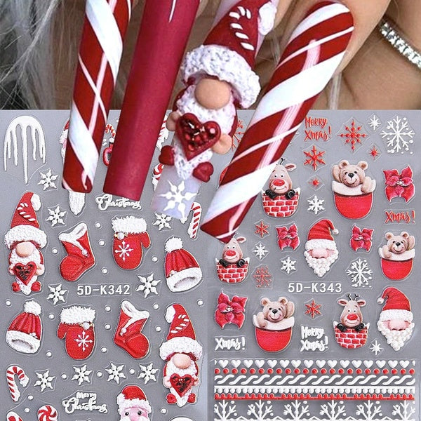 Christmas Cartoon 5D Gnome Nail Art Stickers Embossed Santa Heart Gloves Shoes Snowflake Cute Bear Elk Moose Sweater Pattern DIY Holiday Long Nail De
