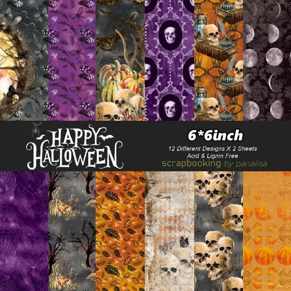 12-24 Sheets 6"X6"Vintage Halloween Background Paper Single Sided Pattern - Scrapbook DIY Photo Album Decor Halloween Decor Wrapping Paper